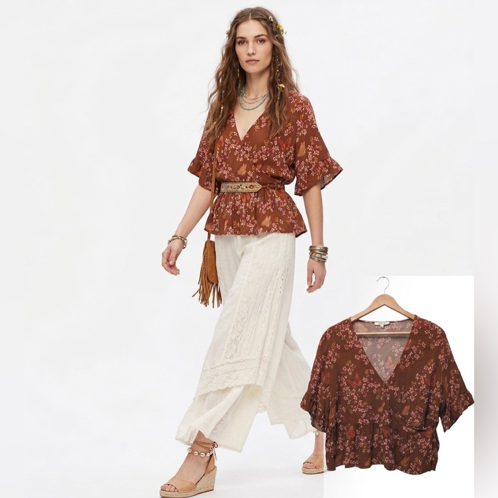 Madewell Butterfly Floral Wrap Peplum Blouse Brown Short Sleeve Top L2979 Sz 14‎